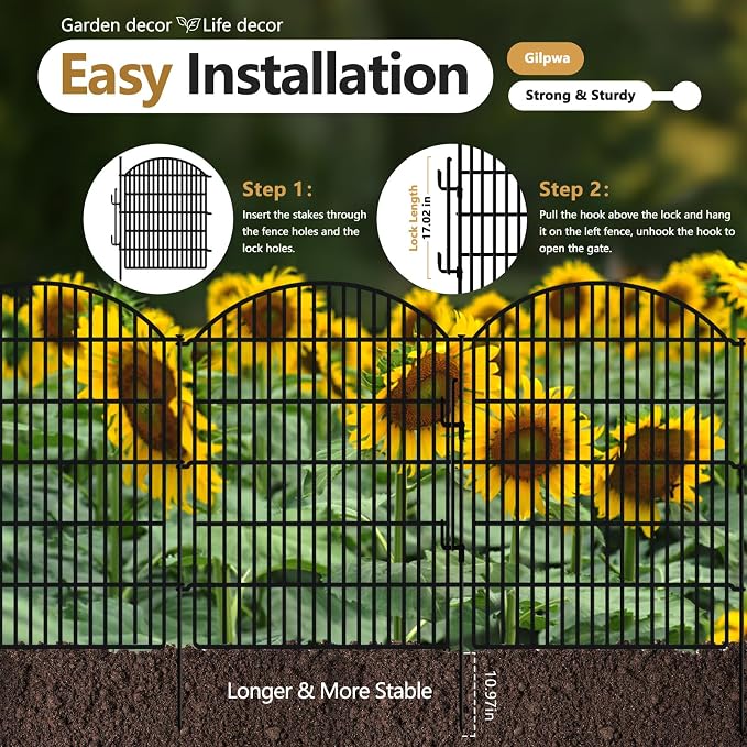 5 Panels Garden Fence Animal Barrier with Lock, 40in (H) x 12ft (L) Dog Fences Outdoor for Yard No Dig Rustproof Decorative Tall Metal Panel Border Rabbits Temporary Ground Stakes Fencing