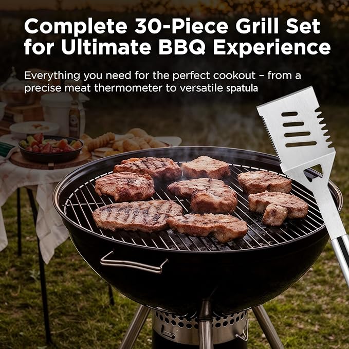 Kaluns Grilling Accessories, Dad Gifts for Fathers Day, Heavy Duty Stainless Steel Grill Set BBQ Grill Accessories for Outdoor Grill with Meat Thermometer, Case and Apron