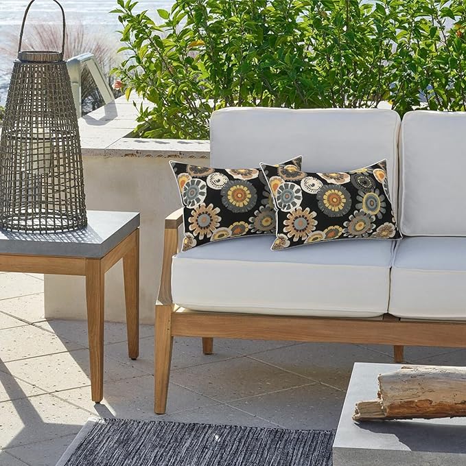 LVTXIII 2 Pack Outdoor Lumbar Pillow Covers 12x20 Inch with Piping, Water-Repellent Back Cushion Covers ONLY for Patio Furniture, Sofa, Garden Bench, Black Yellow Crosby