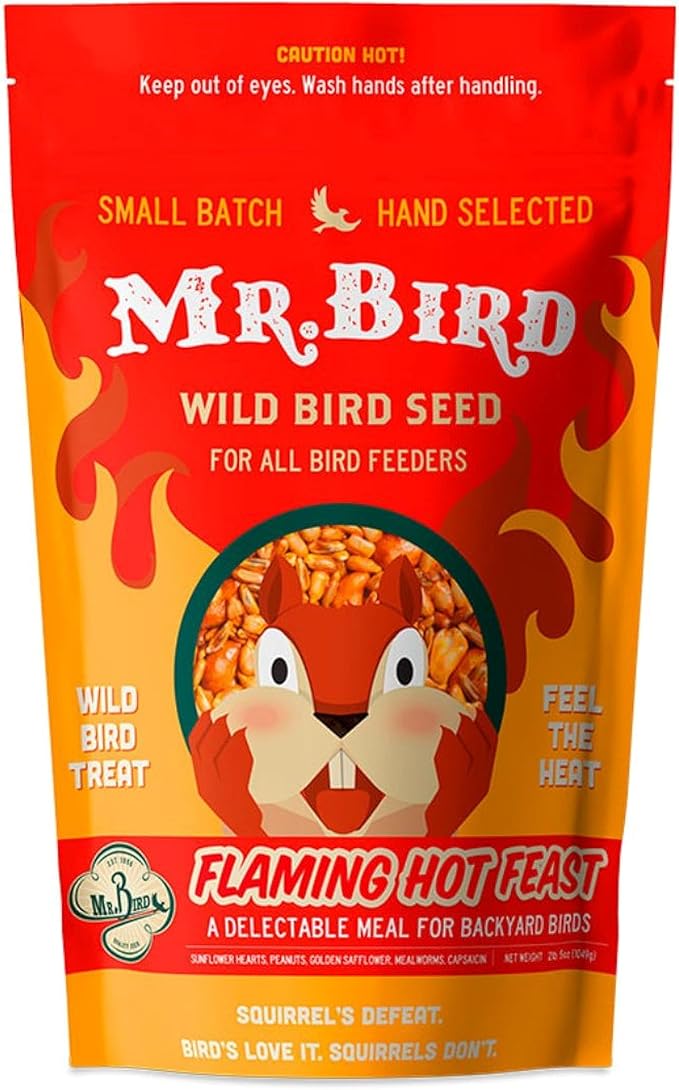 Mr. Bird Flaming Hot Feast Small Loose Seed Bag 2lbs | Hot Pepper Wild Bird Seed for Outside Feeders | Prevent Squirrels | Spicy Bird Food | Backyard Birds