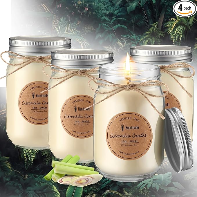 MTLEE 4 Pcs Citronella Candles Outdoor 12 oz Citronella Scented Jar Candles Decorative with Silver Lid for Outdoor Patio Deck Backyard Camping