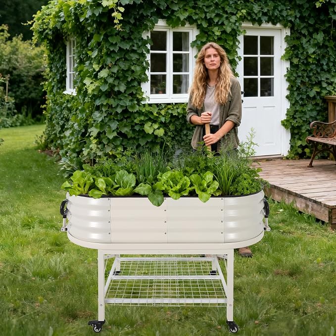 Garvee Galvanized Raised Garden Bed Large Oval Kit with Cover Zippered Screen Doors, Open Base Design, Thick Steel, Easy Assembly, Planter Box for Vegetables, Flowers (White, 4x2x1 ft)