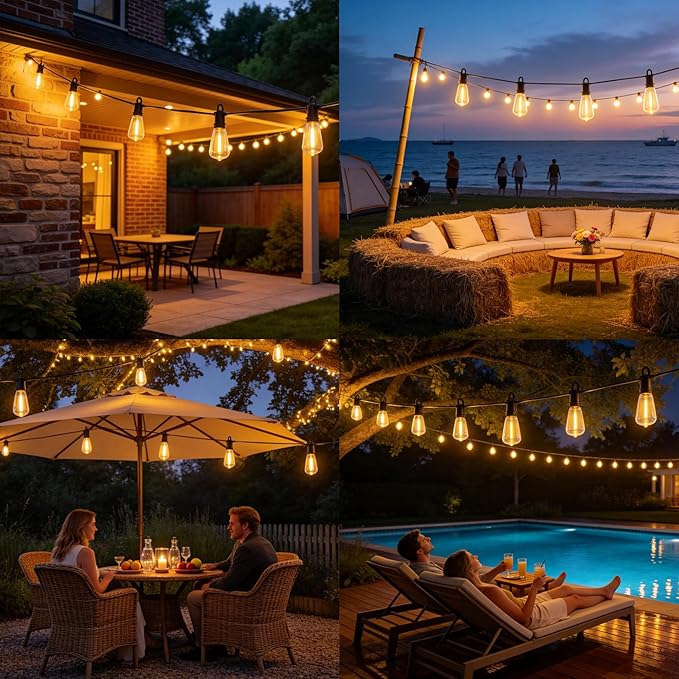 50FT Solar String Lights Outdoor with Remote, IP65 Waterproof Shatterproof ST38 15 LED Bulbs, 2700K Dimmable Outside Hanging Lights for Patio, Garden, Camping, Deck, Backyard Decor