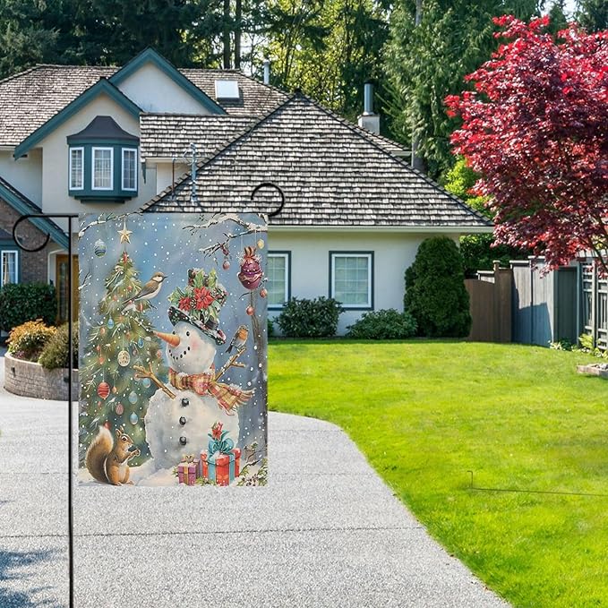 Winter Snowman Christmas Tree Garden Flag Snow Snowflakes Double Sided Flags House 28" x 40",Xmas Santa New Year Seasonal Garden Flags Yard Banner Funny Animal Outdoor Decoration