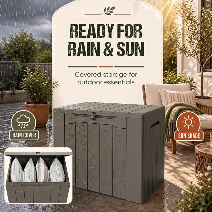 Flamaker Deck Box 30 Gallon, Waterproof Resin Small Storage Box with Lid, Outdoor Patio Furniture Cushion Garden Tool Organizer, Lockable Package Delivery Box for Porch Balcony (Deep Brown)