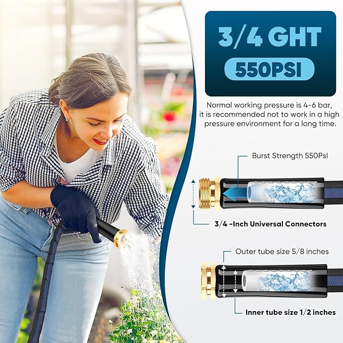 Garden Hose 100ft, Non-Expanding Water Hose, 8 Function Nozzle, Flexible Ultra-Light, Anti-Kink, Wear-Resistant, Portable, Easy Storage, Hose with 3/4 for Outdoor, Garden, Yard, Black Dark Blue