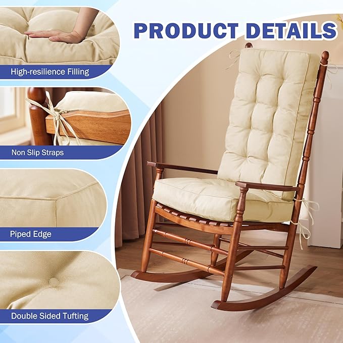 IPYNBAP Rocking Chair Cushion, Waterproof and Fade-Resistant Patio Chair Cushions, Tufted Chair Pads for Rocker Furniture, 18x18 Inch, Indoor/Outdoor Seat Cushions with Ties, Beige