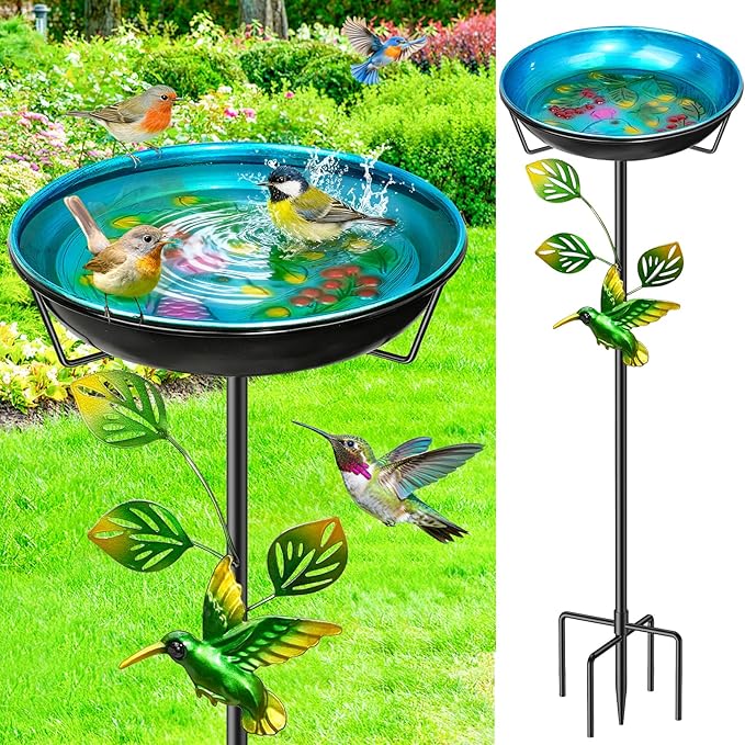 Metal Bird Bath for Outside, Vintage Birdbaths Removable Feeder Bowl with Butterfly Flower, Easy to Clean Birdfeeder for Outdoors Garden Yard Lawn Decor (Blue)