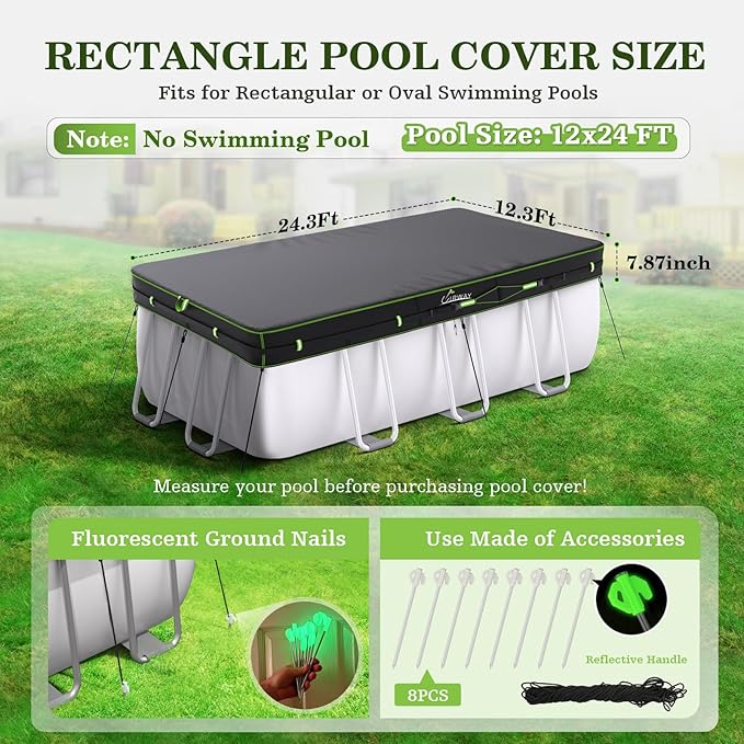 UIRWAY 12x24 FT Rectangular Pool Cover with Reflective Strips, Swimming Pool Cover for Above Ground Pool, Solar Cover Including Rope Tie and Luminous Ground Nails for Rectangular or Oval Pools