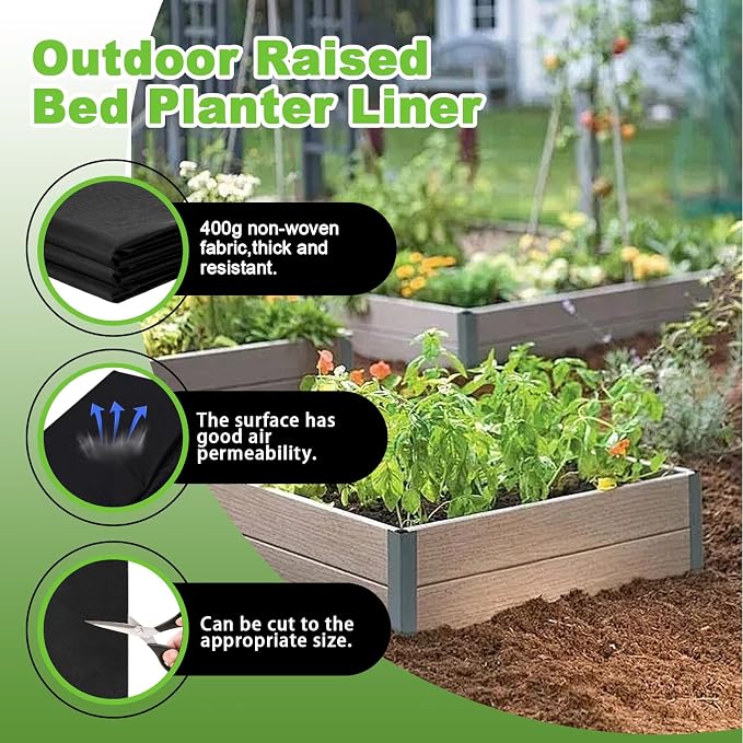 2 Pack Raised Garden Bed Liner, Raised Garden Bed Liner Non Woven, Fabric Planter Liner for Greenhouse Vegetable Gardening, Cuttable Plant Liner with Soil Containment & Water Drainage