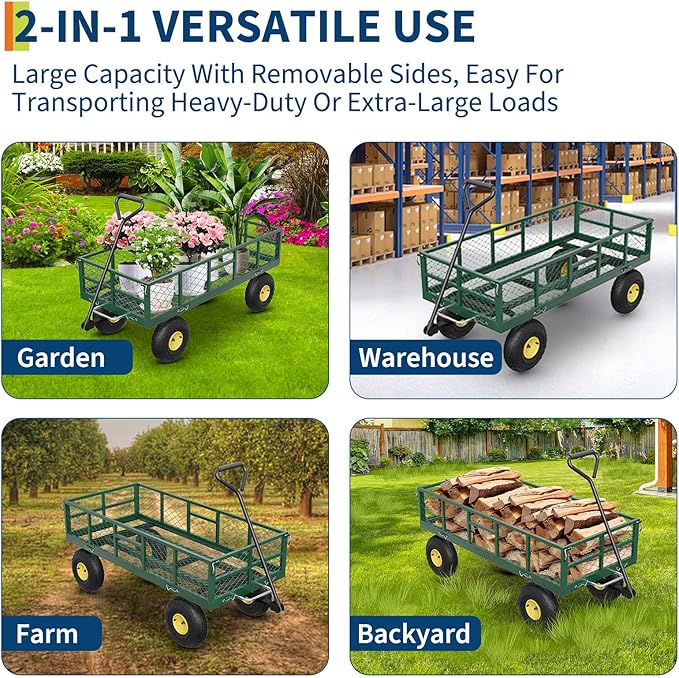 Garvee 900 lbs Steel Garden Dump Cart with Removable Sides, Convert to Flatbed, Heavy Duty Yard Cart with 180°Rotating Handle & 10" All Terrain Wheels, Utility Dump Wagon for Lawn Farm Backyard