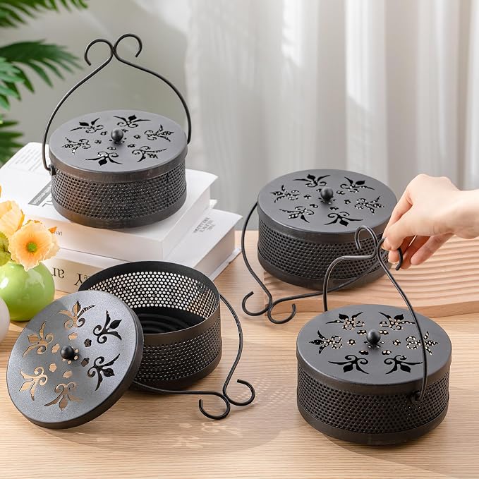 Lallisa Incense Coil Holder Sets, Round Metal Hanging Incense Burner with Handle and Lid, Portable Coil Burner Stand Container for Patio Camping Garden Home Indoor Outdoor Decor(Classic Black,4 Pcs)