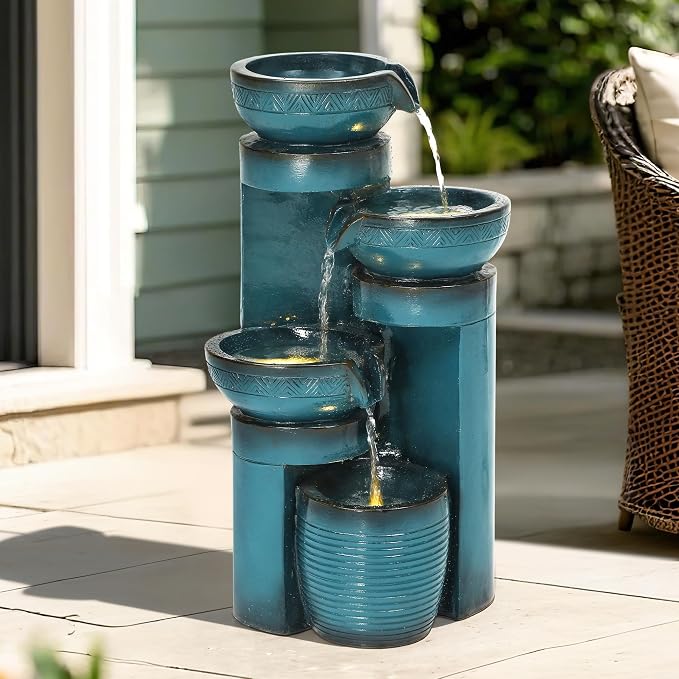 AUTODAYA 19.3" Outdoor Water Fountain with LED Lights, 4-Tier Cascading Water Feature with Pump, Turquoise Faux Ceramic Pedestal Waterfall for Garden, Patio, Yard or Porch