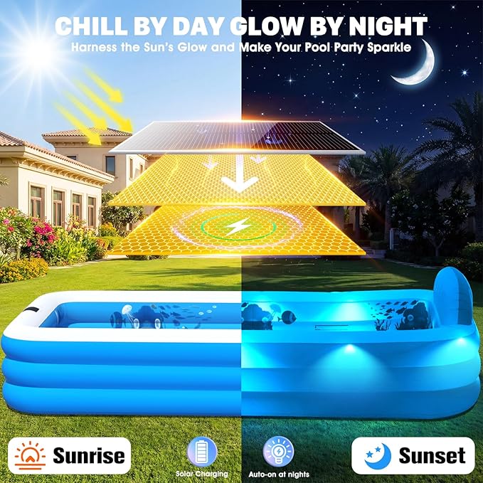 Extra Large Inflatable Pool With Lights,Upgraded Solar Powered Blow Up Pool For Adults,Inflatable Kids Swimming Pool with Seat& Backrest,Big Inflatable Kids Pool For Backyard,120x73x20IN-White