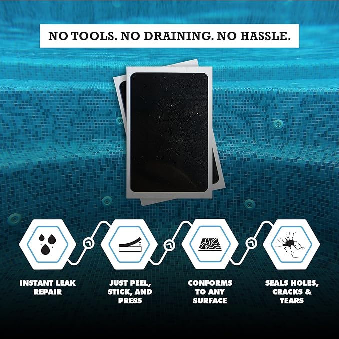Burro Adhesives 10-Pack Waterproof Black Pool Patches - Professional Grade PVC Repair Kit with 2.75" x 4" Heavy Duty Patches for Commercial & Residential Vinyl Liner Pools, Works Underwater & Dry
