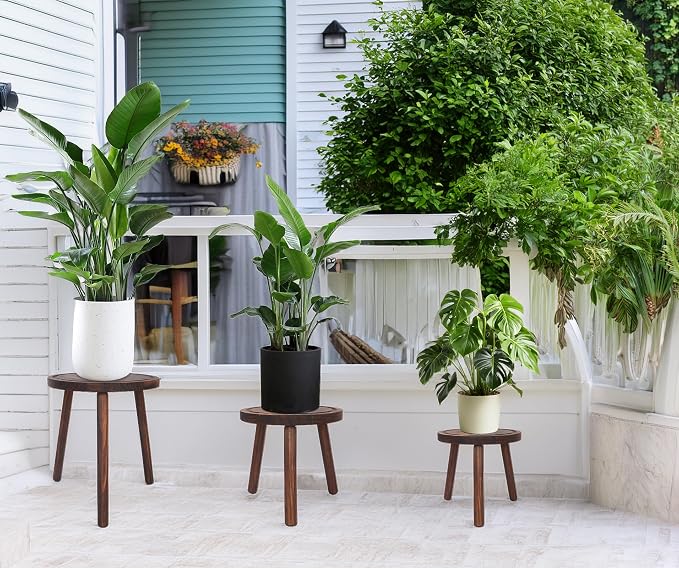 Amdermi 3 Pack Wood Plant Stands Indoor, Mid Century Modern Plant Stool for 6-12 Inch Pots, Tall Small Plant Stand Set for Living Room, Balcony, Office