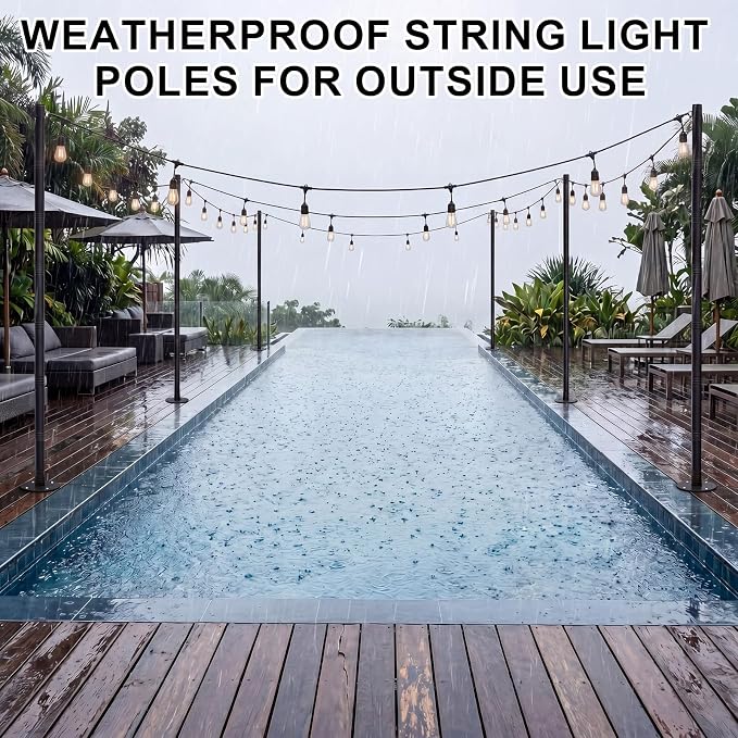 6 Pack 10 Ft String Light Poles for Outdoor String Lights, Heavy Duty Metal Outdoor Light Poles for Deck, Backyard, Garden, Patio, Wedding, Party