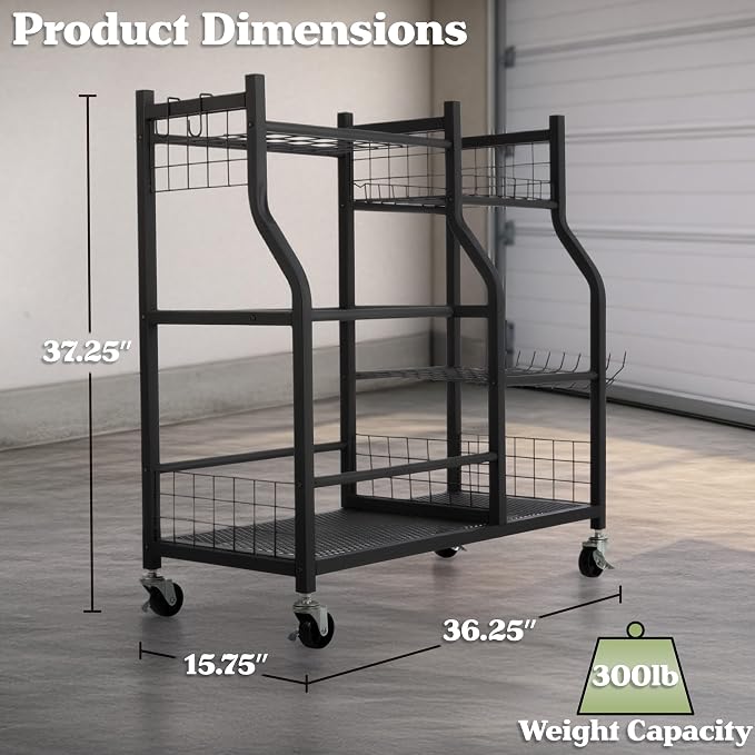 Garage Garden Tool Organizer with Wheels - Yard Tool Storage Rack with 28 Slots for Long Handles, 10 Hooks, 2 Cord Wrappers, 3 Shelves, and Locking Wheels - Shed or Garage Organization by Pure Garden