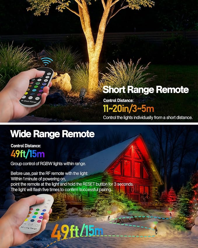 HIBOITEC RGBW Low Voltage Landscape Lighting 10Pack 12W with Remote Connectors Spotlights Landscape Lights 12-24V AC/DC Waterproof for House Yard Trees Outdoor Christmas(Transformers NOT Included)