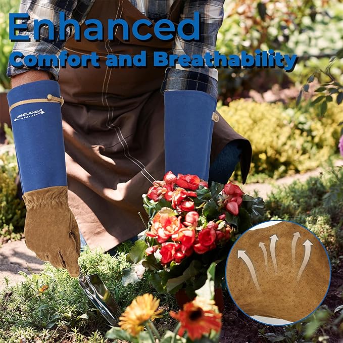 HANDLANDY Long Gardening Gloves for Men & Women, Pigskin Leather Rose Pruning Gloves, Breathable Thorn Proof Gauntlet Glove (Blue, M)
