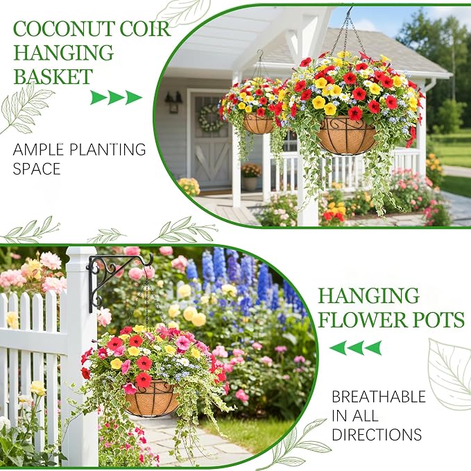Hanging Planters for Outdoor Plants 4 Pack 12 inch Metal Hanging Flower Basket with Coco Coir Liner Wire Plant Holder Watering Flower Baskets Pot Hanger Garden Decoration for Indoor Outdoor(HBL)