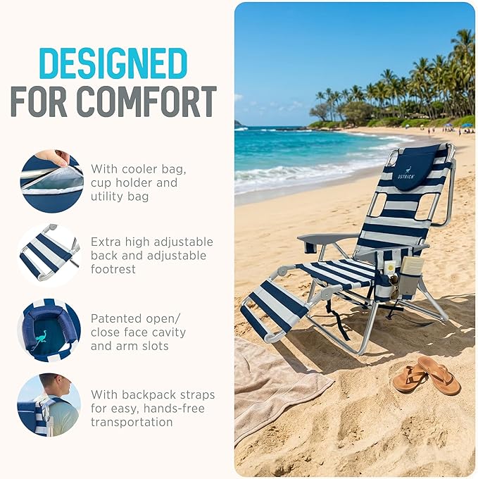 Ostrich the Backpack 3N1 Portable Chair with Cooler Bag and Reclining Lounger for Tanning, Camping, Beach, and Outdoor Essential, Blue Stripe