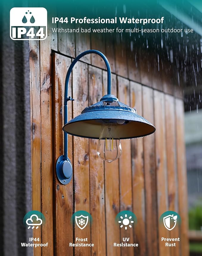 Goodeco Solar Barn Light Outdoor - Motion Sensor Rustic Vintage Gooseneck Wall Light Fixture with Clear Glass LED Edison Bulb, No Wiring, Ideal Gifts for Patio Porch Deck & More (Blue)