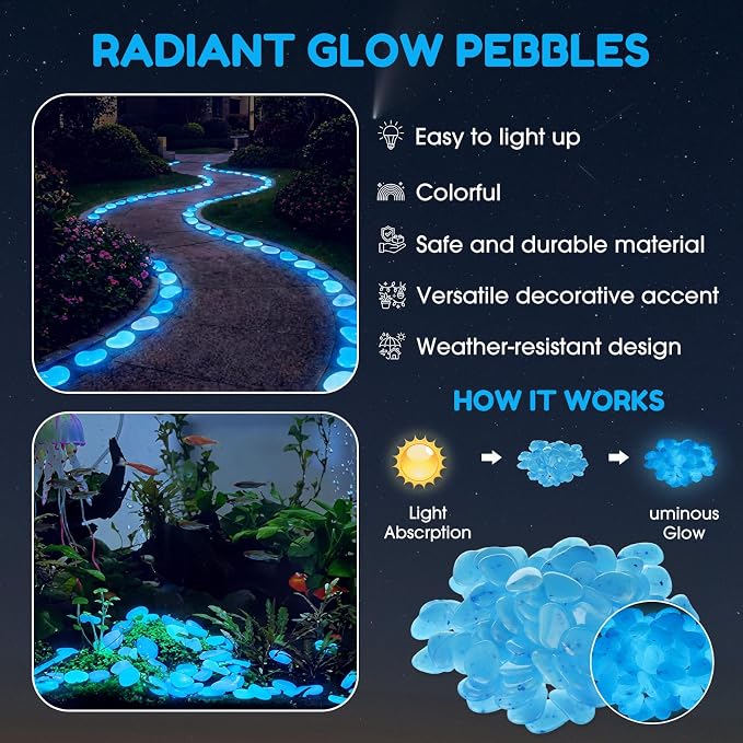 Landical 100 Pcs 1.8 Inch Large Glow in The Dark Rocks Pebbles Outdoor Fish Tank Rocks Aquarium Gravel Luminous Stones for Walkway Succulent Plant Halloween Decor (Blue)