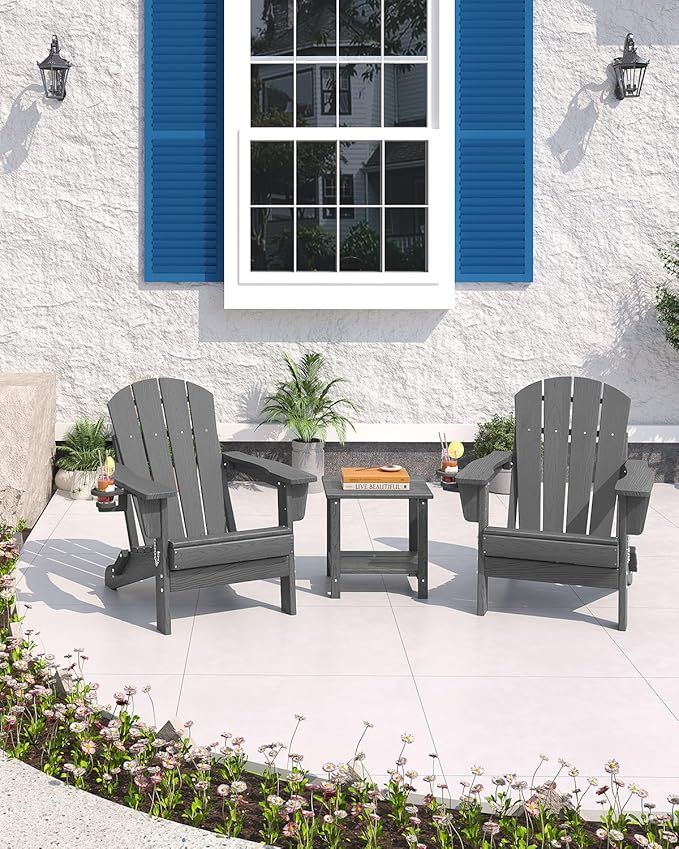 GarveeLife Folding Adirondack Chair Set of 2 with Ottoman, All-Weather HDPE Outdoor Chair, Wooden Textured with Cup Holder for patios, Decks, Gardens, fire pits, Grey