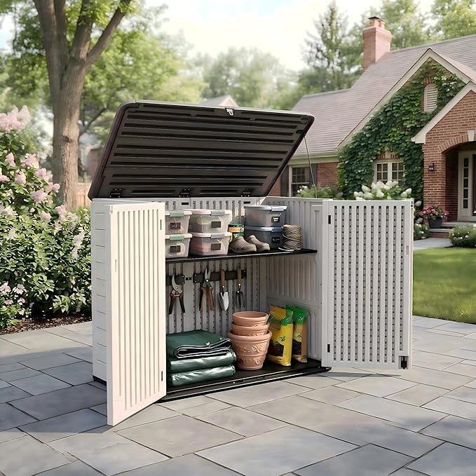 Outdoor Storage Shed, 38 Cu. Ft Weatherproof Cabinet, Horizontal Storage Box for Backyard, Patio, Pool, Garden, No Shelf Included (White)