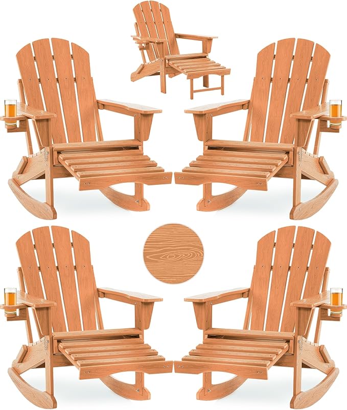 Folding Adirondack Rocking Chair Set of 4,4-in-1 Multifunctional Patio Chairs with Retractable Ottoman, Outdoor Chairs Wood Texture, Lawn Chair for Porch, Backyard, Pool(Teak)