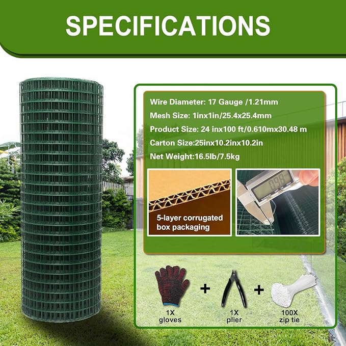 Hardware Cloth 1' 24in x 100ft Chicken Wire, Green Garden Fence, PVC Coated Metal Welded Wire Mesh for Preventing Snakes, Raccoons, Foxes, Poultry Netting
