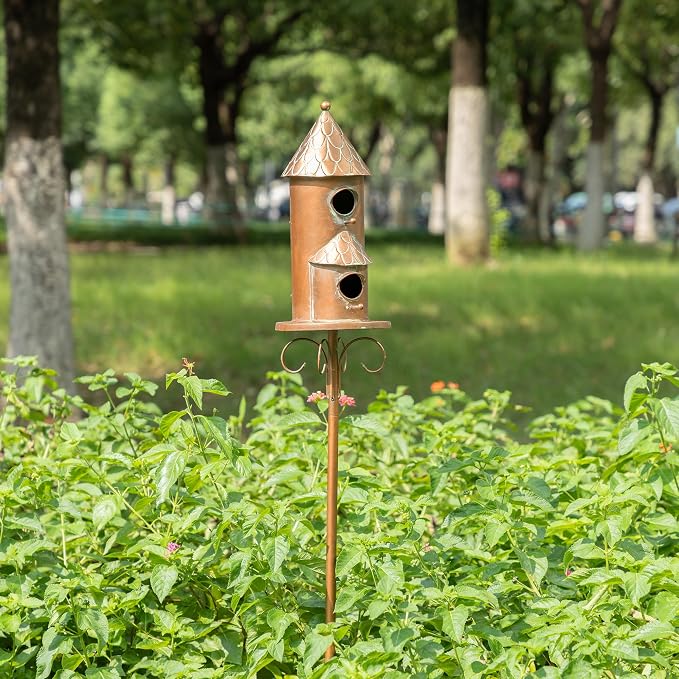 Glitzhome Birdhouses for Outdoors, Bird Houses for Outside, 53" H Farmhouse Faux Copper 2-Tiered Distressed Metal Bird House Decorative Garden Birdhouse with Stake