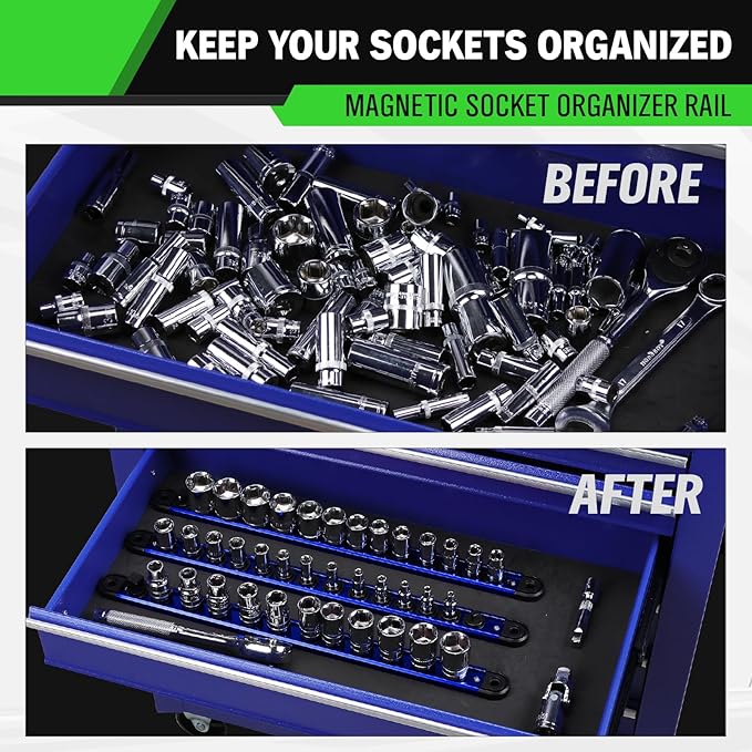 1/4-inch Magnetic Socket Organizer Rail, Aluminum Alloy Socket Rail, Heavy Duty Sockets Holder with 14 Clips, 360° Swivel Clip Tool Tray, Sockets Organizer for Tool Box Drawer (Blue)