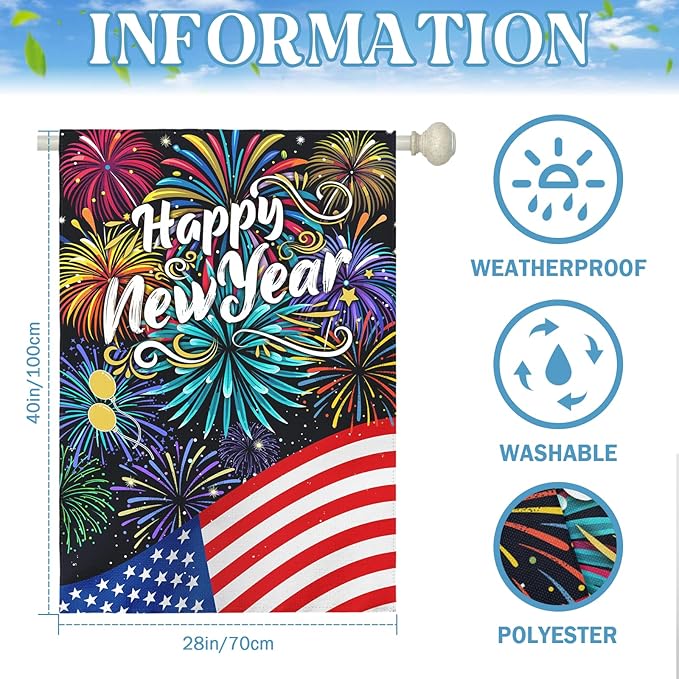 Happy New Year Garden Flag New Year Eve House Banner Double Sided American Flag Fireworks Wall Banners Balloon Holiday Celebration Party Yard Flags for Winter Festival Greetting 28 x 40 Inch