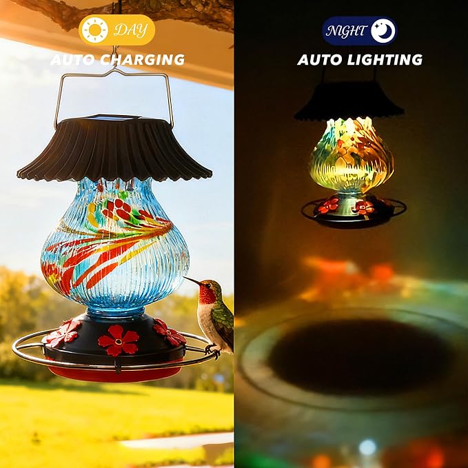 Solar Hummingbird Feeder-5 Feeding Ports with Perch, Hand Blown Glass Blue Tree Sea Color Changing-Never Leak, Multicolor Night Lights – Perfect Hummingbird Feeder for Outdoors for Nature Enthusiasts