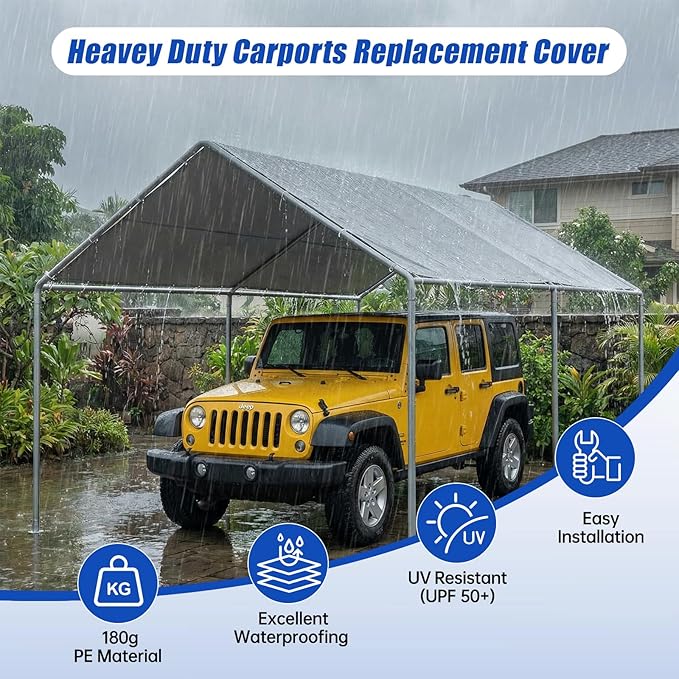 10x20Ft Carport Replacement Canopy Cover, Heavy Duty Waterproof Garage Top Shelter Cover Car Canopy with Ball Bungees,Gray(Frame Not Include)