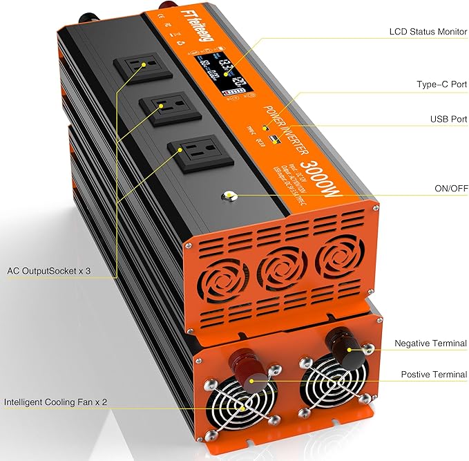 3000W Power Inverter, 12v DC to 120v Ac Inverter, Power Inverters for Vehicles with LCD Display, 3AC Sockets and USB-C & QC 3.0 Port with Remote Control for Camping Home Truck Rv Solar System