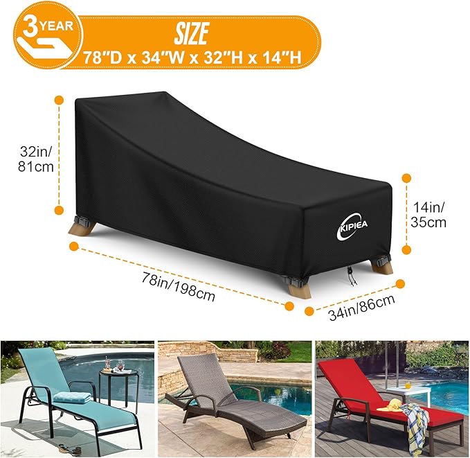Kipiea Waterproof Patio Lounge Chair Covers for Outdoor Furniture, Heavy Duty Outdoor Chaise Lounge Cover with Anti UV and No Tears, No Fading (78"D x 34"W x 32"H)
