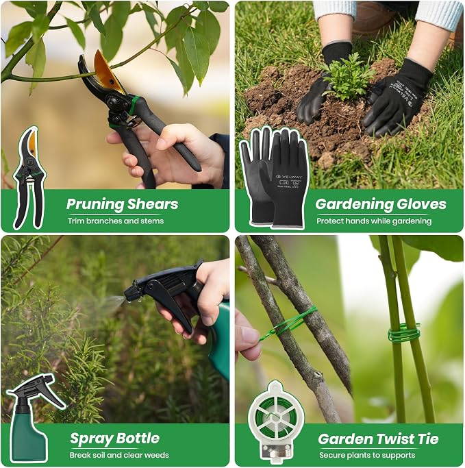 Velway 11-Piece Garden Tools Set Heavy Duty with Ergonomic Handles | Hand Tool Kit with Ergonomic Handles, Rust-Proof, Carry Tote Bag – Gardening Gifts for Women & Men (Green)