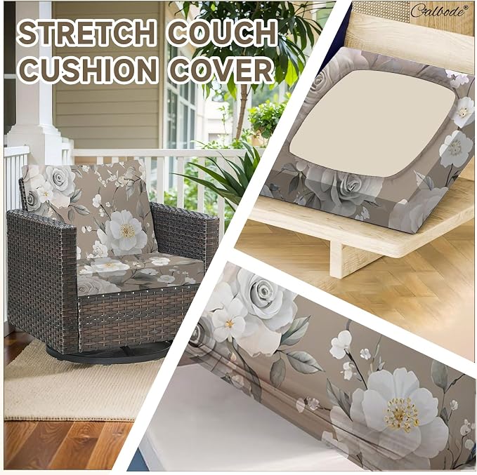 CALBODE 12Pcs Stretch Patio Cushion Cover, Vintage Floral Printed Couch & Sofa Slipcovers for Patio Furniture Cushions Washable Reusable Couch Covers Replacement for All-Season (Cover Only)