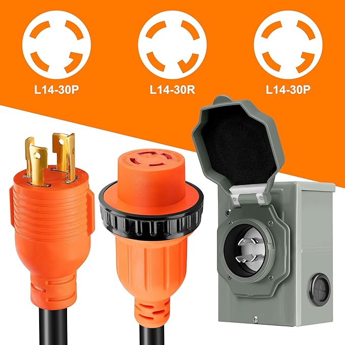 25 FT 4 Prong 30 Amp Generator Cord and Power Inlet Box, NEMA L14-30P to L14-30R Generator Cord Waterproof Combo Kit, 125/250V 7500W 10 AWG SJTW Generator to House Hookup Kit