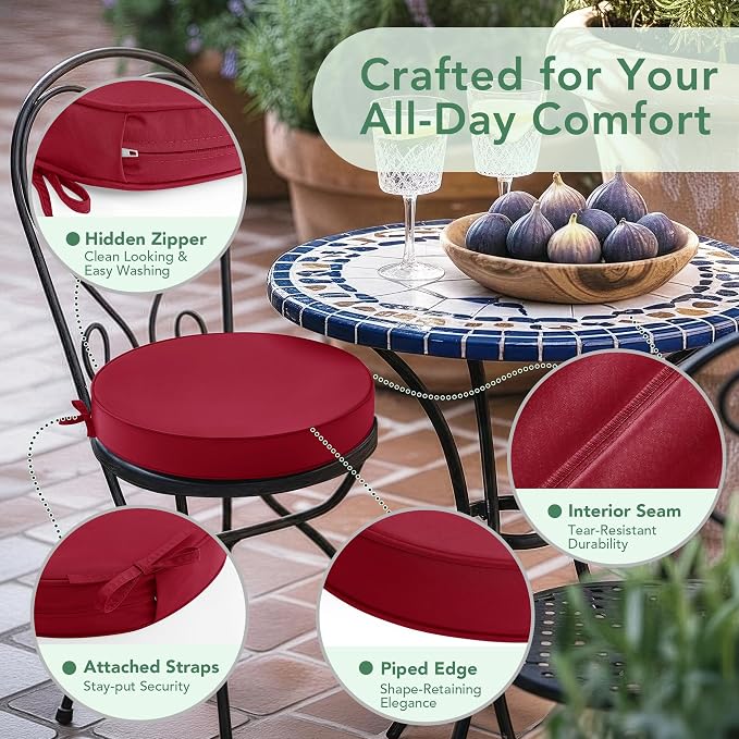 Summsun Outdoor Bistro Chair Cushions Set of 2, 15" D x 3" H Round Chair Cushions Waterproof and Fade Resistant Chair Cushion Pads with Non-Slip Ties and Removable Covers for Garden, Burgundy