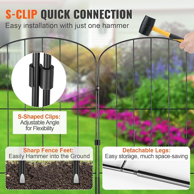 VEVOR Decorative Garden Fence 10 Pack, No Dig Fence 24in(H) x11ft(L) Animal Barrier Fence, Underground Garden Fencing with 2 inch Spike Spacing, Metal Dog Fence for The Yard and Outdoor Patio