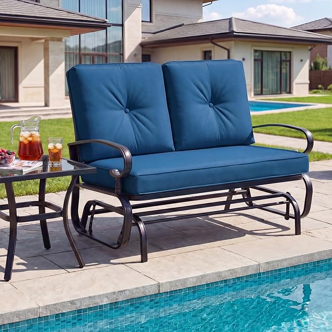 Giantex Outdoor Glider Bench, Patio 2 Person Loveseat with Removable Cushion, Thick Padded Seat, Stable Steel Frame, Outside Glider Swing Chair for Deck, Poolside, Yard, Porch Glider (Blue)