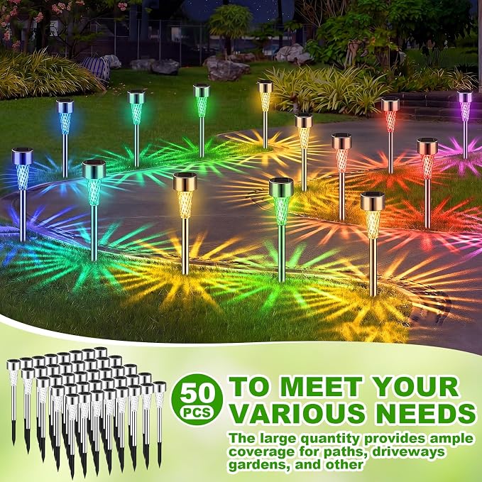 Huquary 50 Pcs Solar Lights Outdoor Waterproof Bulk LED Stainless Steel Solar Outdoor Pathway Garden Landscape Path Lights for Pathway Lawn Porch Garden Walkway Driveway Outside Decor(Multicolor)