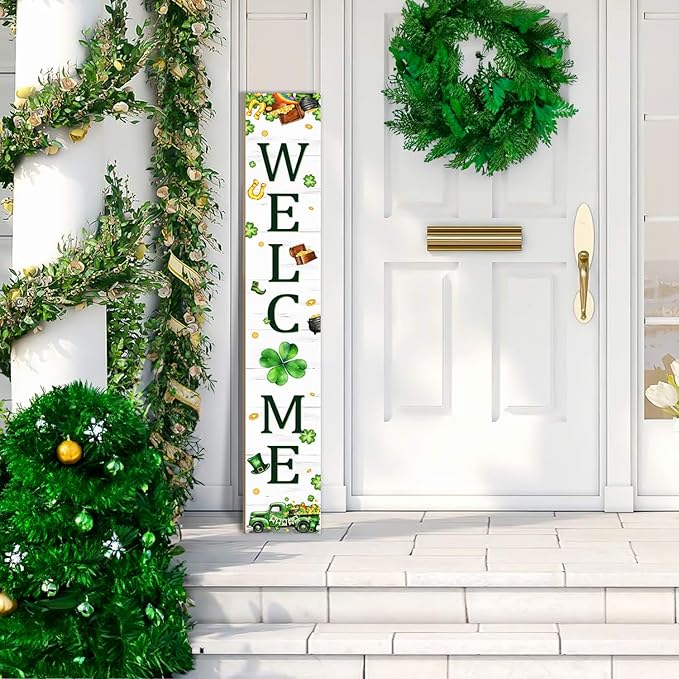 St. Patrick's Day Porch Sign Saint Patrick Wooden Welcome Sign For Front Door Shamrock Clover Home Decoration Vertical Sign For Patio Porch Standing Yard Sign for Indoor Outdoor Garden Wall