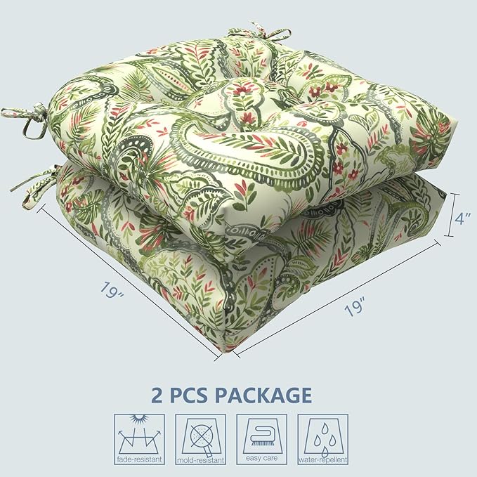 LVTXIII Outdoor/Indoor Tufted Seat Cushion, Decorative Wicker Chair Pads All Weather Seat Cushion Sets for Patio Garden Home Office Furniture, 19"x19"x4", Round Back, Pack of 2, Faylinn Shadow Paisley