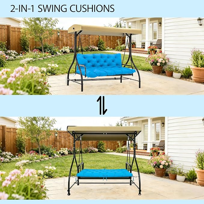 5 Inch Thick Waterproof Patio Porch Swing Cushions, 60x40 Inch 3 Seater Replacement Cushion with Backrest & 8 Ties, Fade-Resistant Outdoor Bench Swing Pad