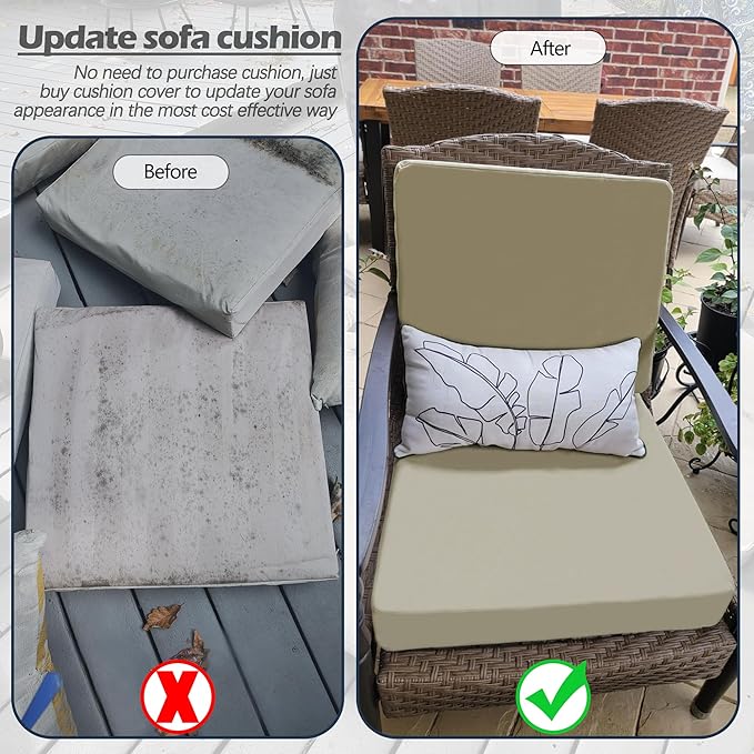 Sqodok Patio Cushion Covers, Waterproof Outdoor Cushion Covers Replacement, Patio Cushion Seat Slicovers for Sectional Sofa, Chair, Outdoor Wicker Patio Sofa (Tan, 24"x24"x4"-1 Pack-Cover ONLY)